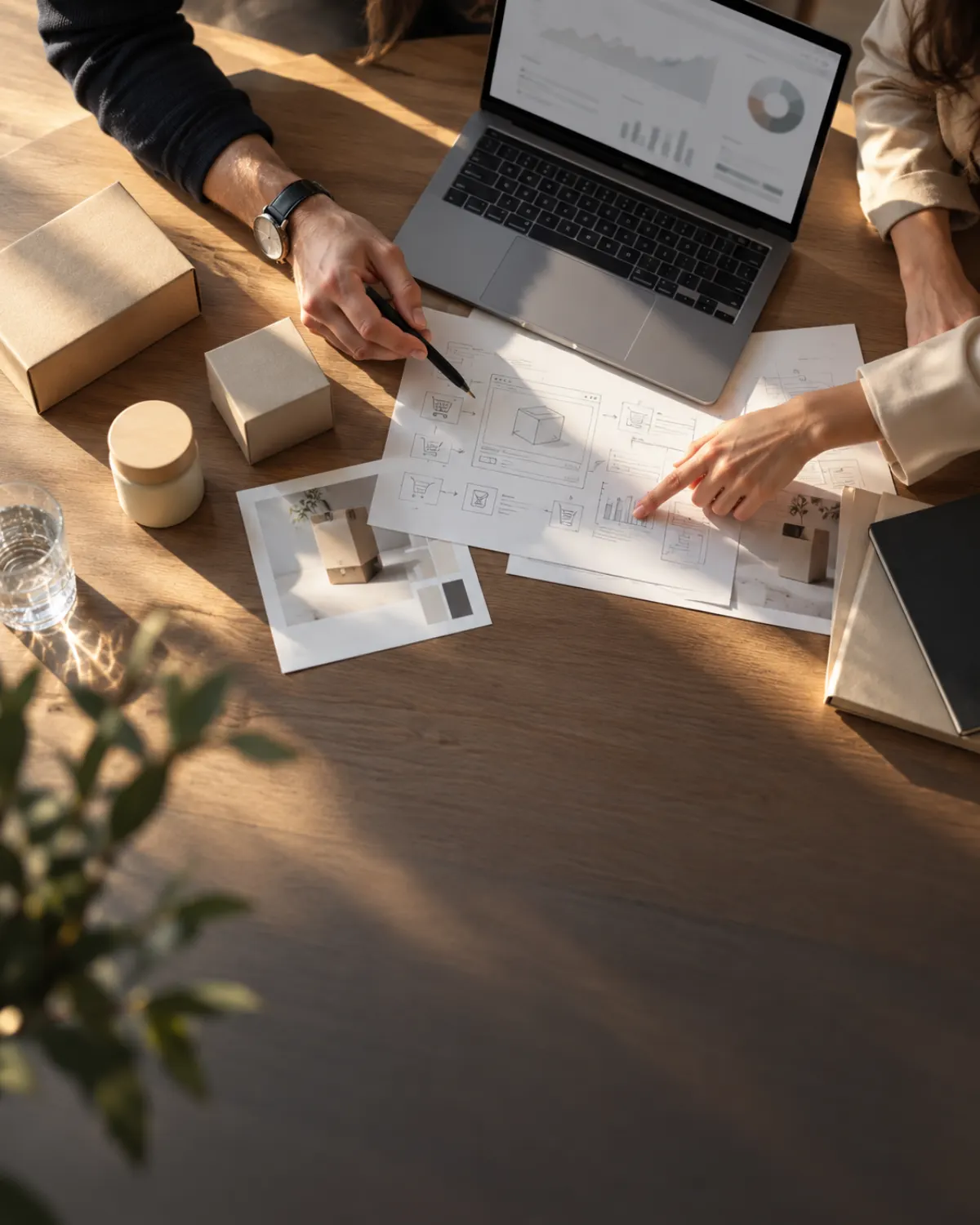Workshop am Tisch: Laptop mit Kennzahlen, Skizzen und Produktverpackungen