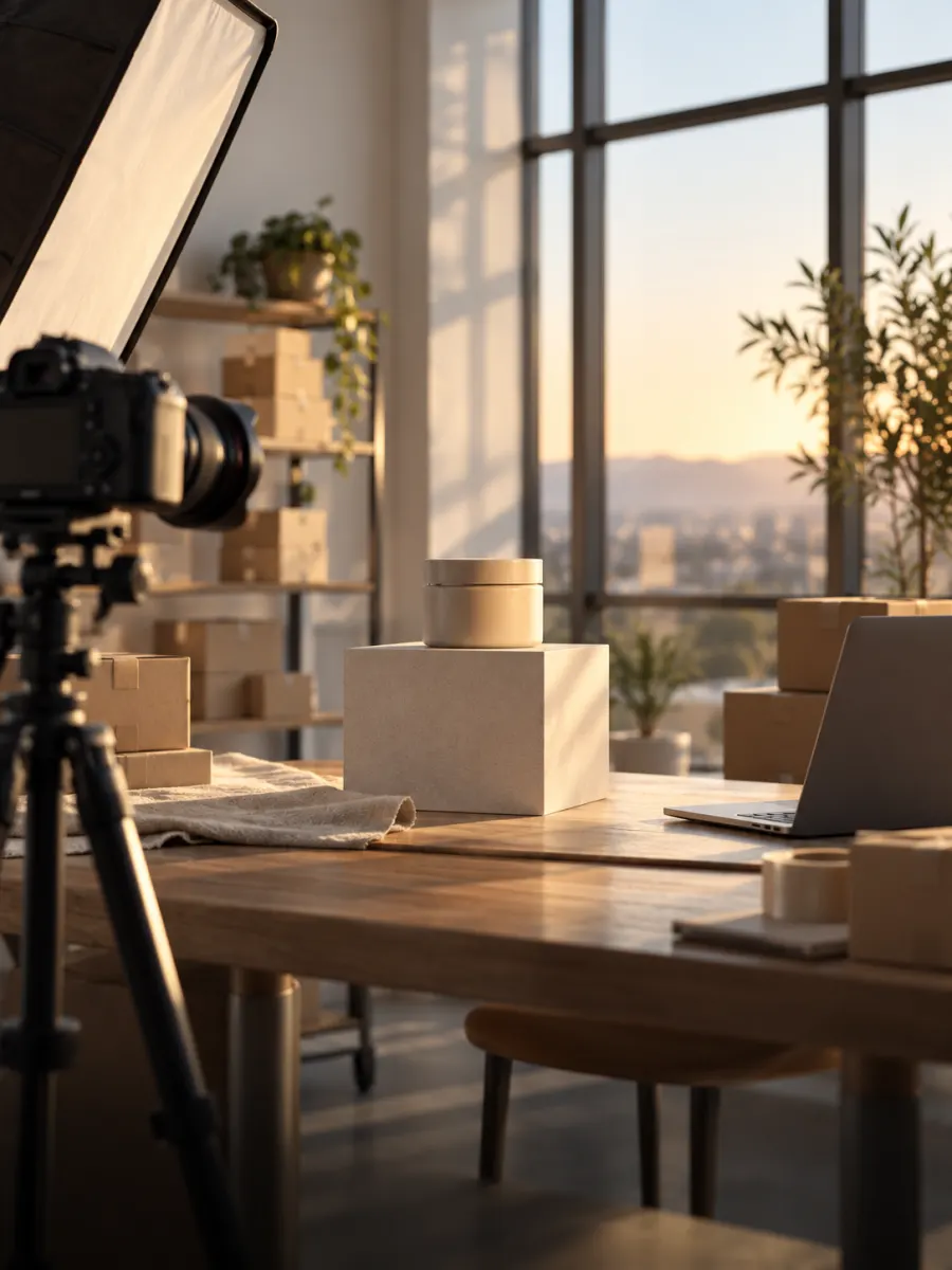 Kleines Fotostudio für Produktaufnahmen mit Kamera, Verpackungen und Laptop