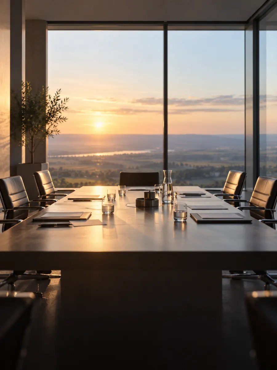Leerer Konferenztisch vor einer Fensterfront bei Sonnenuntergang