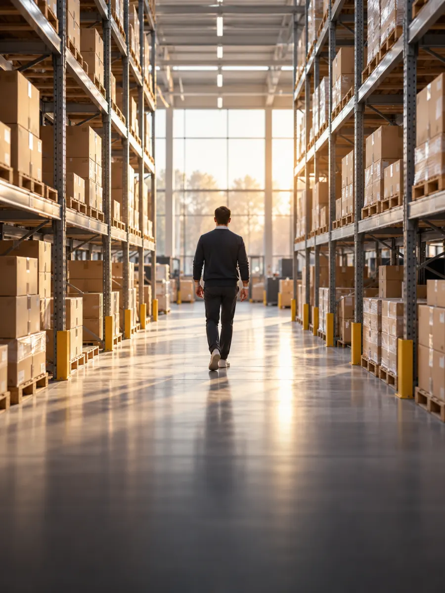 Person geht durch die Gänge eines Logistikzentrums mit Paketregalen